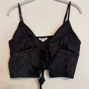 La Hearts Black Satin Floral Tie-Front Top
